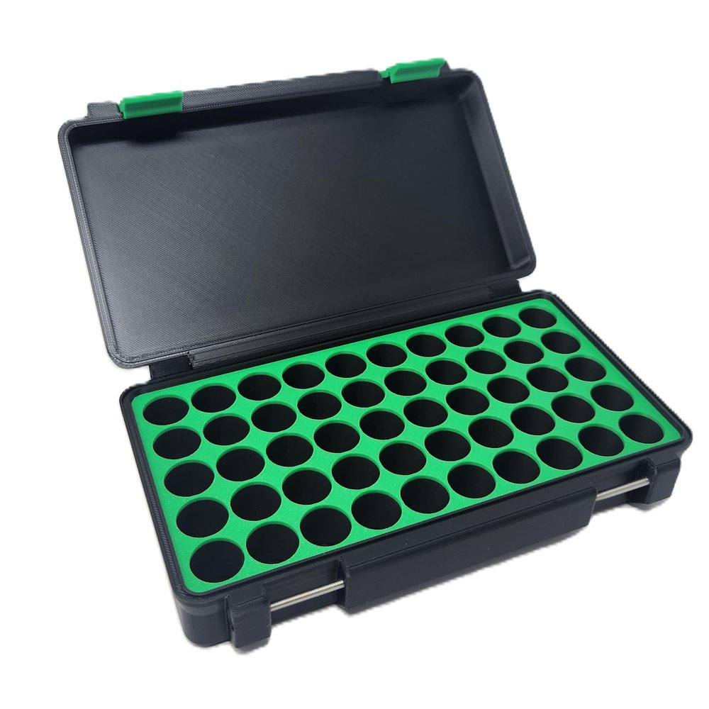 3D Printed - 3ml Vial Storage Case - Freezer Safe Hard Shell Peptide Case for Home, Fridge, Travel (Black/Green, 50 3ml Vials)