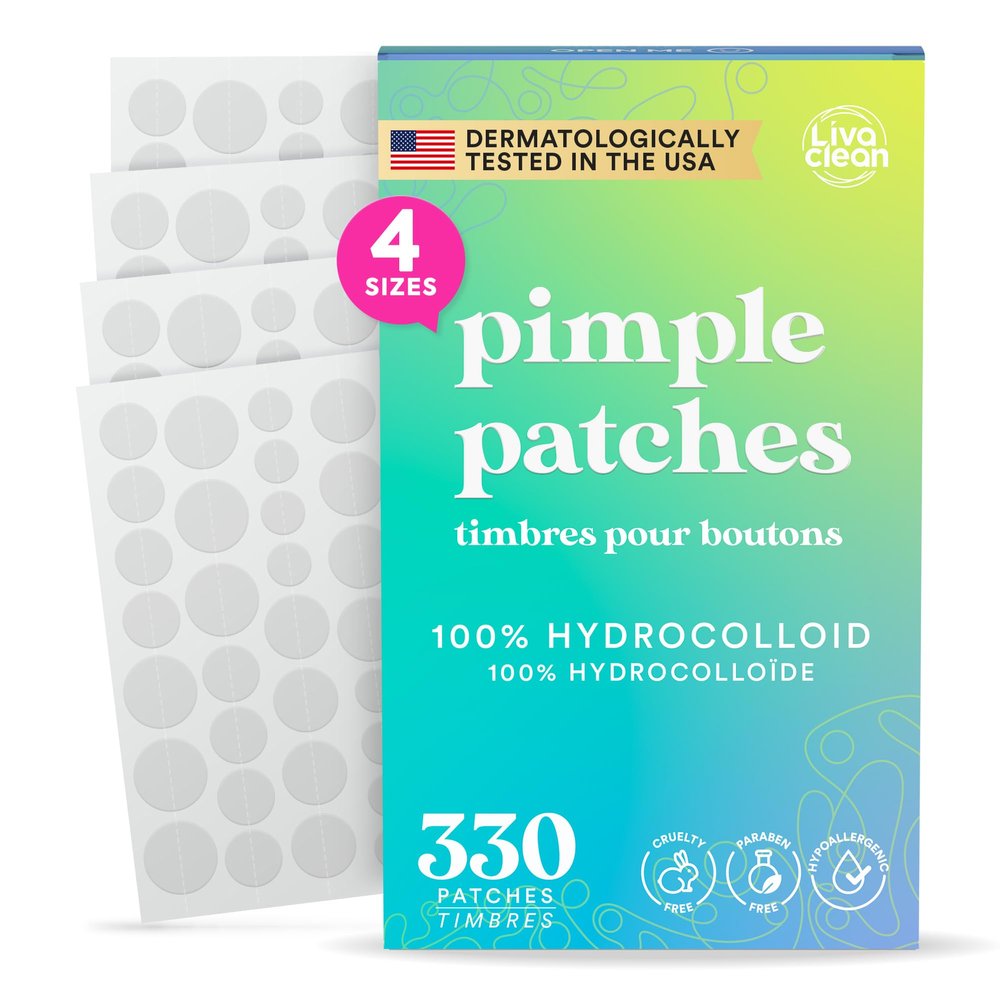 LivaClean 330 CT Pimple Patches for Face - 100% Hydrocolloid Acne Patches - Four Sizes - Acne Dots Zit Stickers - Hydrocolloid Patch Pimple Patch Invisible - Blemish Patches