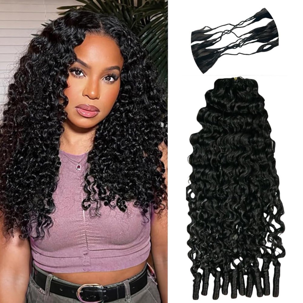 100% Human Hair Knotless Pre-Separated Crochet Hair Extensions with Spiral End Feather Hair Water Curly Feather Line Hair Extensions Natural Color 16Inch 240g