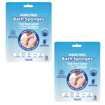Rinse Free Disposable Bath Sponges 50 Count (Pack of 2) Extra Thick, All-in-1 No Rinse Bath Wipes for Elderly Care, Nursing, Camping & Travel
