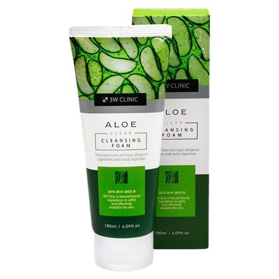 3W Clinic Aloe Clear Cleansing Foam, Hypoallergenic Face Wash with Natural Ingredients, 6.09 fl oz, 180ml/Korea-Beauty/Korea Made