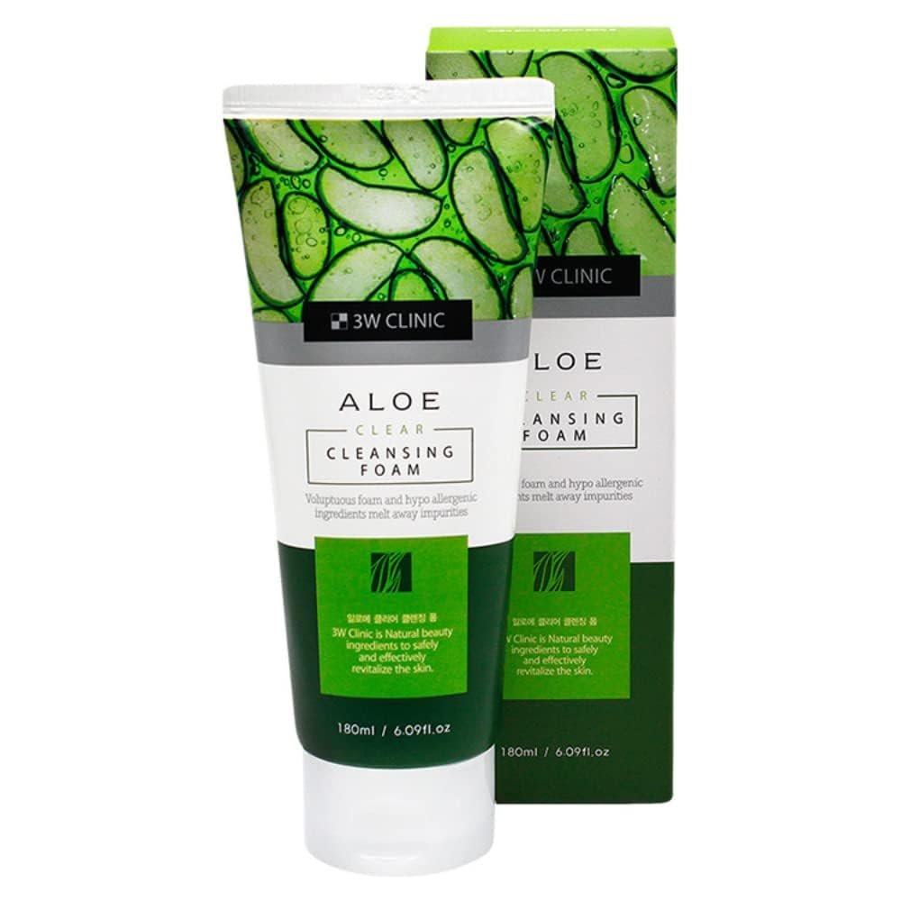 3W Clinic Aloe Clear Cleansing Foam, Hypoallergenic Face Wash with Natural Ingredients, 6.09 fl oz, 180ml/Korea-Beauty/Korea Made