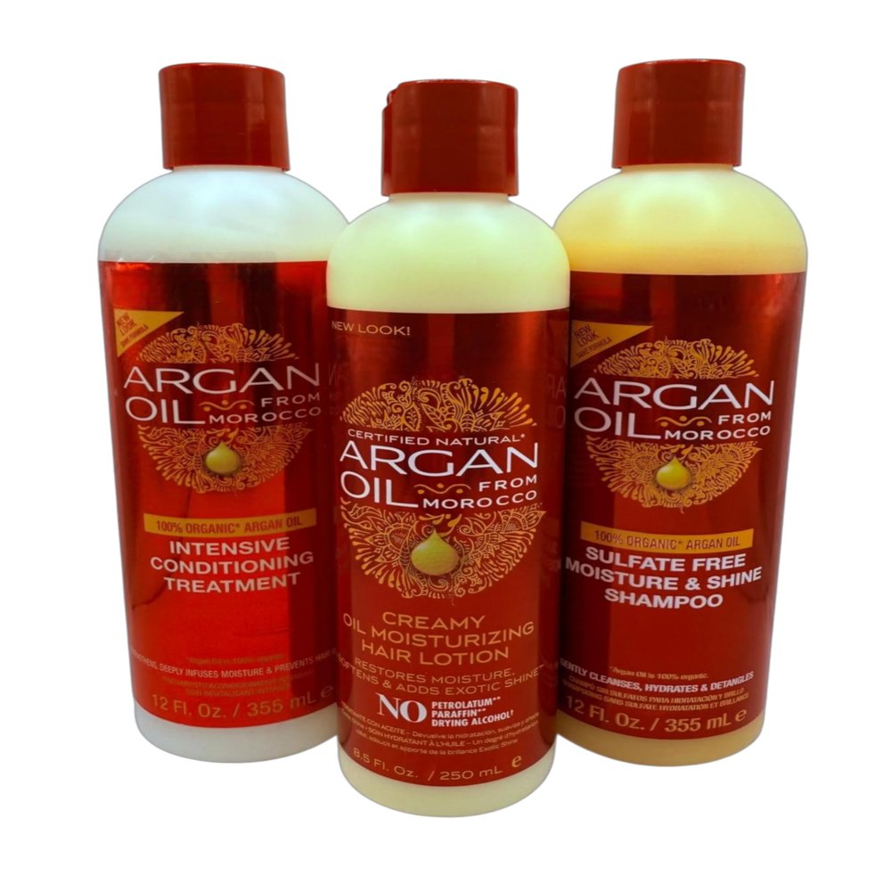 CofN Argan Oil Trio Set : Moisture & Shine Shampoo 12 oz + Intensive Conditioning Treatment 12 oz + Creamy Oil Moisturizer 8.5 oz - Sulfate-Free Infused with Organic Argan & Shea Butter