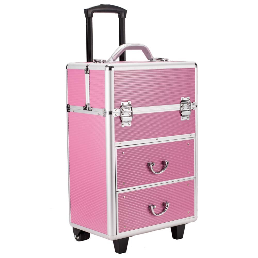 4 Tier Rolling Make Up Train Cases,Aluminum Cosmetic Makeup Case Tattoo Box,Lockable Cosmetic Train Case,Cosmetology Display Suitcase,with Extendable Trays,for Nail Tech Hairstylist Barber (Pink)