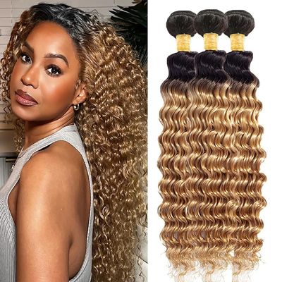 Biliisyff Ombre Blonde Bundles Human Hair 1b27 Deep Wave Bundles Brazilian Virgin Remy Hair 2 Tone Black and Honey Blonde Bundles Peruvian Grade 8A Virgin Hair Extensions 24 26 28 Inch