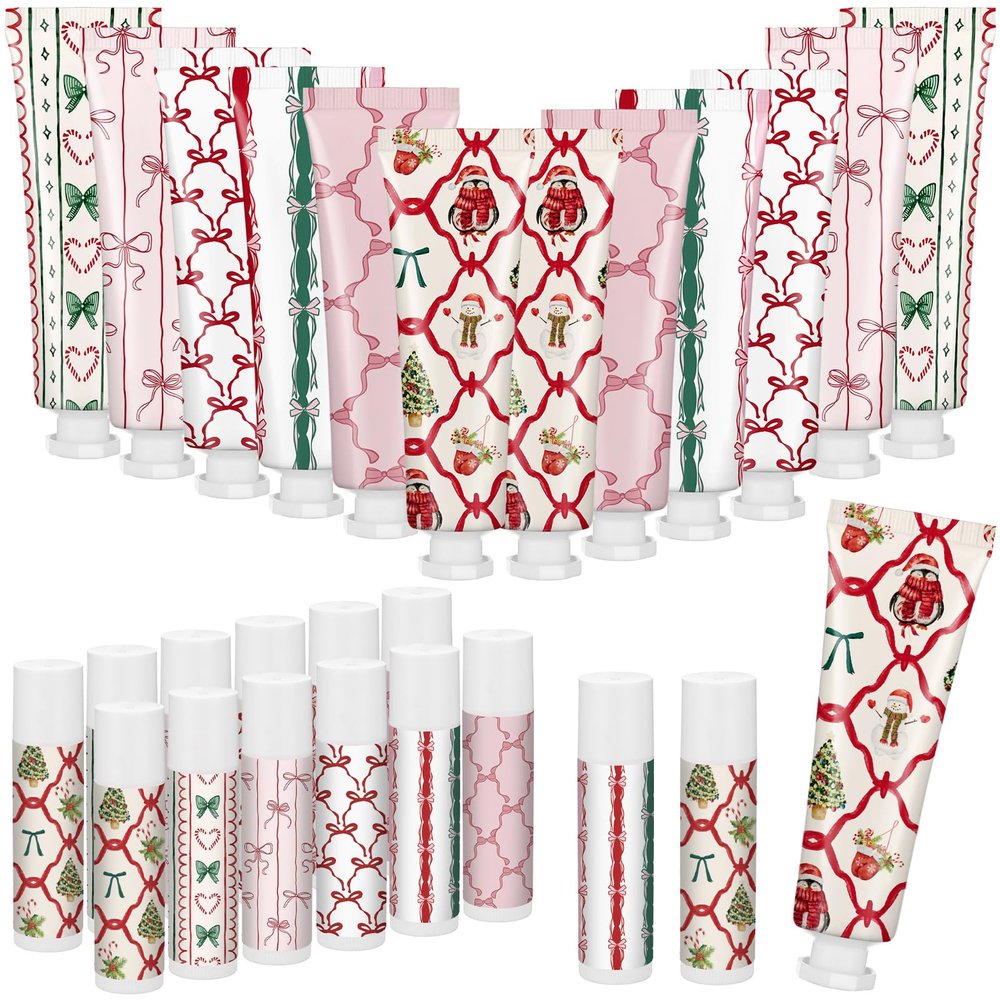 Dansib 24 Pcs 12 Sets Valentine's Day Hand Cream and Lip Balm Bulk Gift Set, 6 Scents Coquette Bow Valentine's Day Travel Size Hand Lotion Lip Care Gift for Women Staff Coworkers