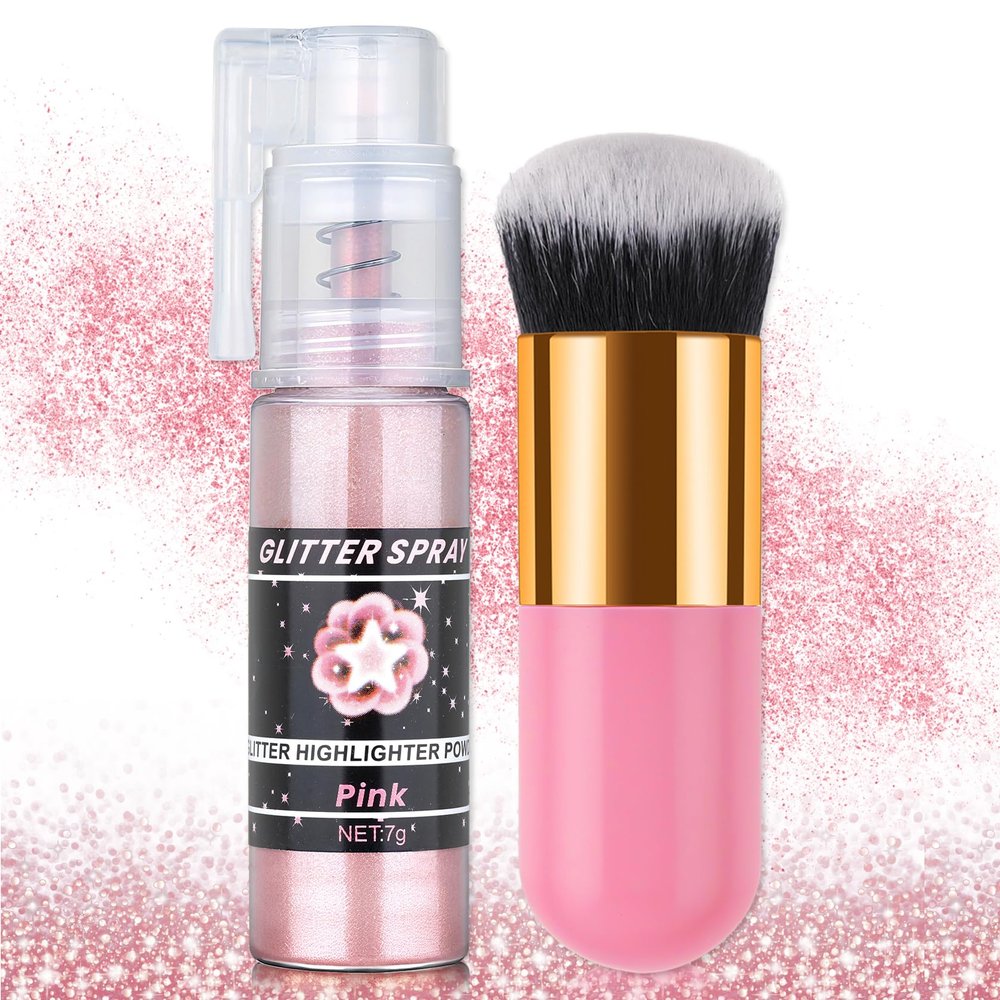 AWCCXMYM Body Glitter Spray Sparkle Hairspray Highlighter Glitter Shiny Spraay for Hair and Body,Face Glitter Powder for Halloween,Christmas,Concert Accessories Party Body Makeup(Pink)