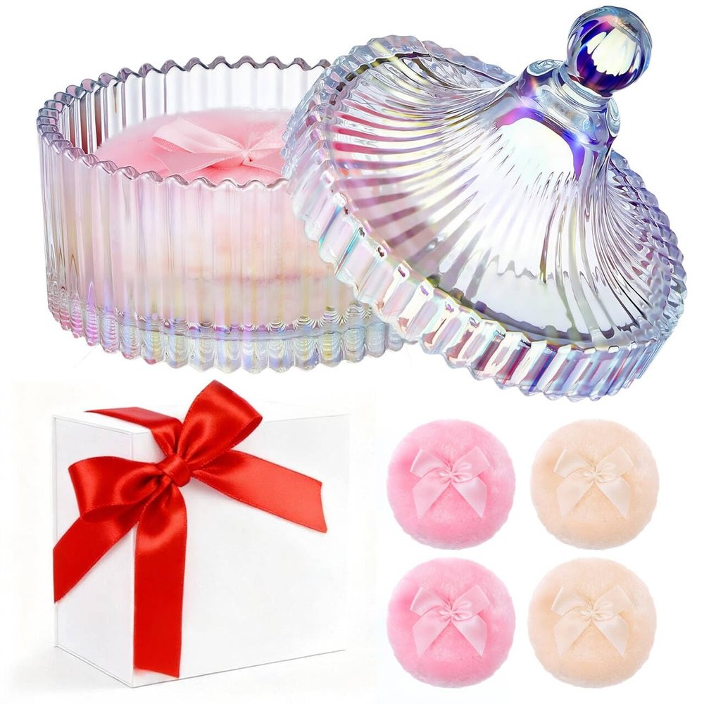 5 Pcs Extra Large Body Powder Puff and Container Set  5.43" Oversize Crystal Powder Container | 3.54" Ultra-Soft Velour Puff, Washable & Reusable, Ideal for Face/Body Glitter & Wet/Dry Makeup