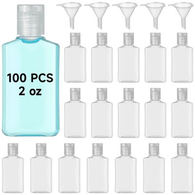 100 2 Oz Refillable Travel Bottles with Flip Cap, Clear Plastic Squeeze Containers, 5 Funnels Included for Easy Filling, Ideal for Shampoo, Lotion, Gel