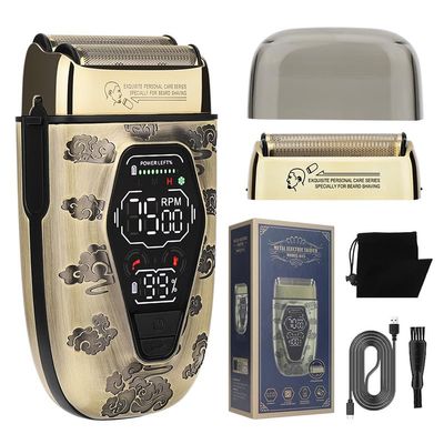 Domary Electric Shaver, Mens Bald Head Hairdresser Digital Display Electric Reciprocating Three Speeds Full Metal Body LCD Power Display Dual Mesh Reciprocating Heads Replaceable Heads