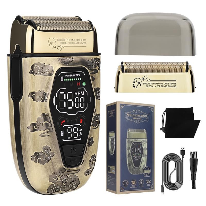 Domary Electric Shaver, Mens Bald Head Hairdresser Digital Display Electric Reciprocating Three Speeds Full Metal Body LCD Power Display Dual Mesh Reciprocating Heads Replaceable Heads