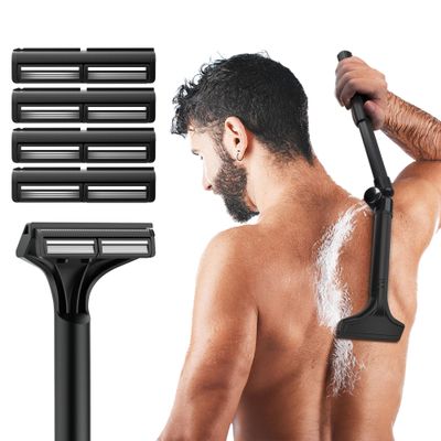 NUBACK Manual Back Shaver for Men with Long Extendable Handle, Body Back Hair Trimmer for Men with 4 Replaceable Blades, Self-Service Body Groomer Razor