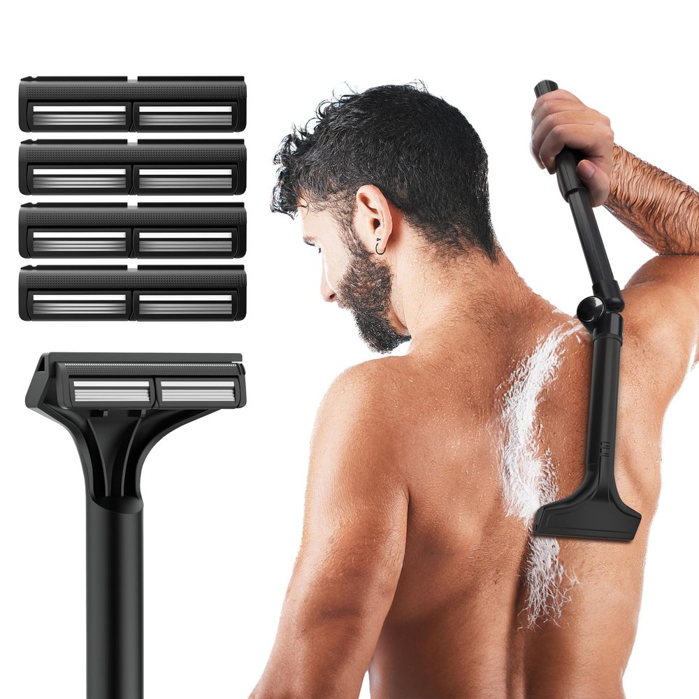 NUBACK Manual Back Shaver for Men with Long Extendable Handle, Body Back Hair Trimmer for Men with 4 Replaceable Blades, Self-Service Body Groomer Razor