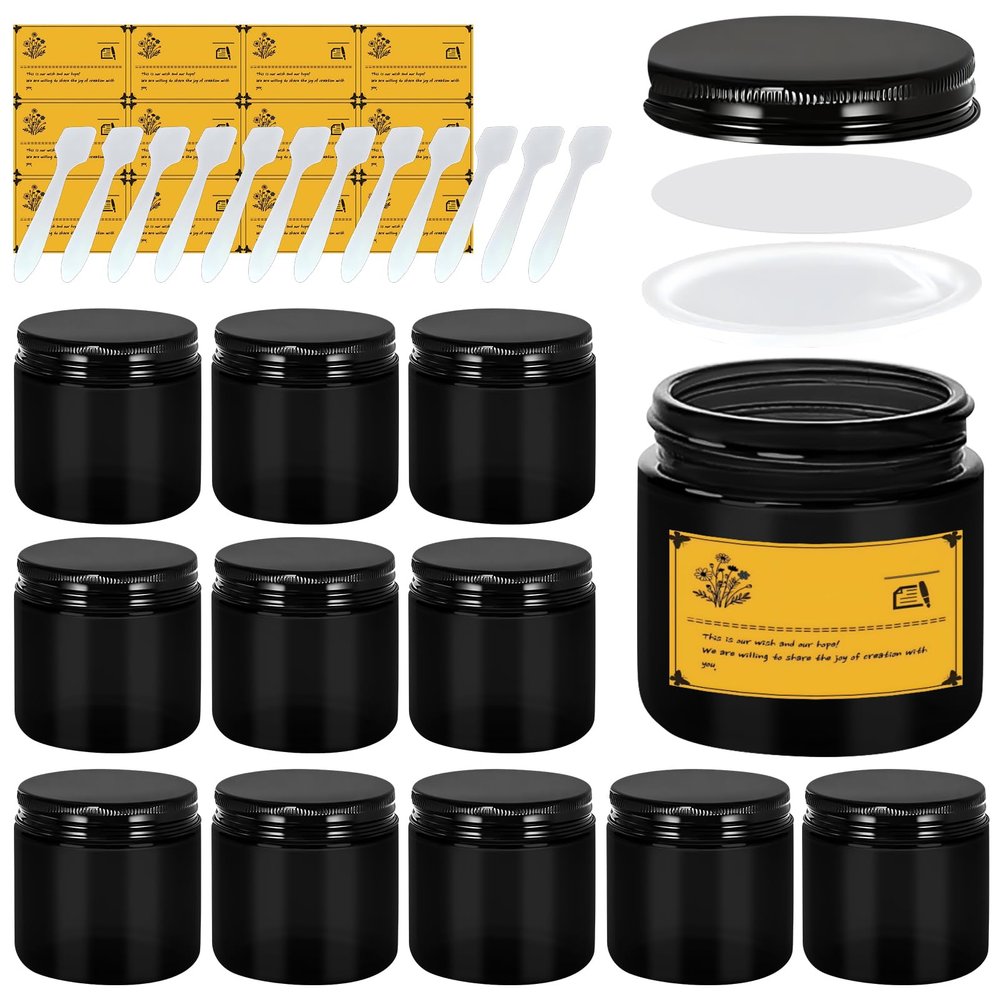 12 Pack 4oz Airtight Amber Jars - Leak Proof Cosmetic Containers with Inner Caps & Liners, UV Protection for DIY Lotion, Travel, Candle Supplies (Black)