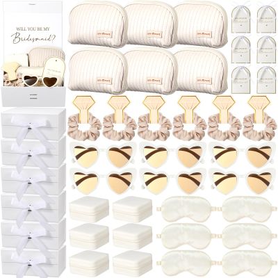 43 Pcs Bridesmaid Proposal Gifts Set of 6 Bridesmaid Boxes Bulk Will You Be My Maid of Honor Gift with Makeup Bag Case Eye Mask Glasses Hair Scrunchies Gift Box for Wedding Bride Shower(Beige)