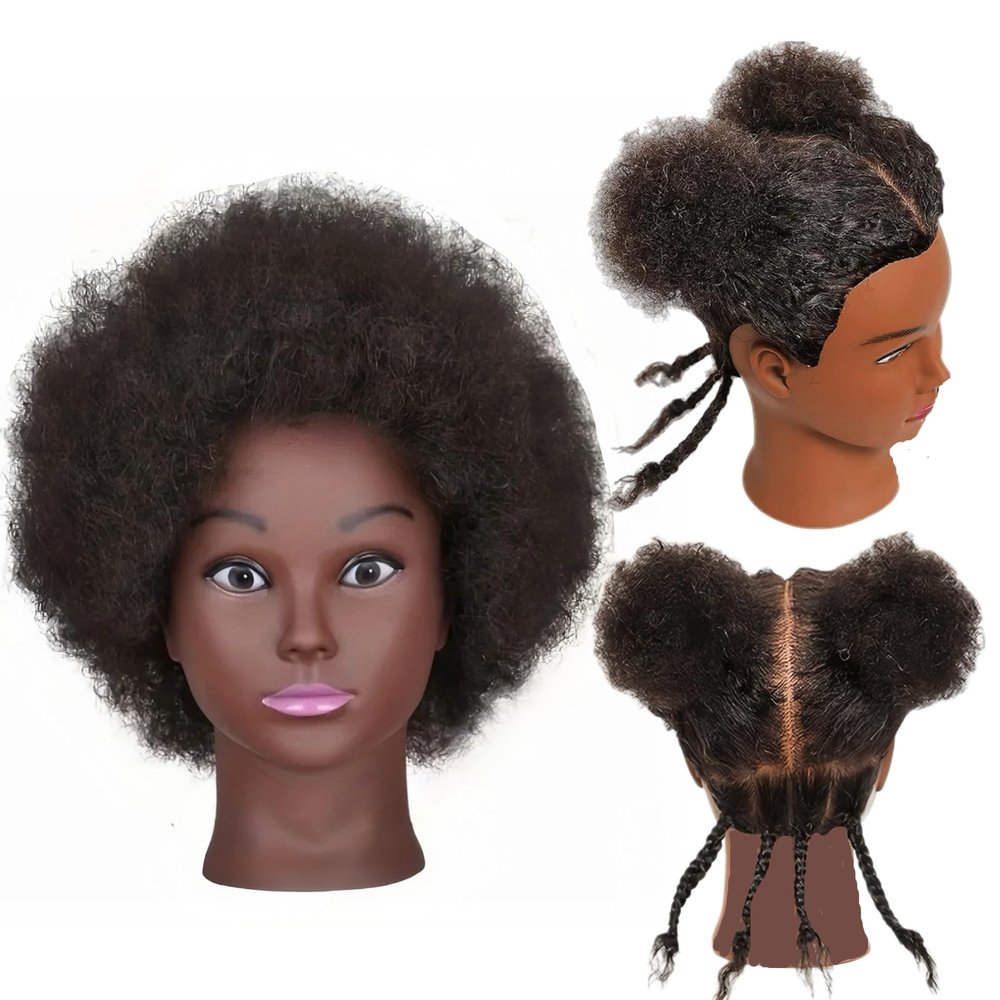 Afro Human Hair Mannequin Head for Braiding, Black Cosmetology Mannequin Head for Hair Styling 8 Inches Training Doll Head with Stand for Practic Braiding