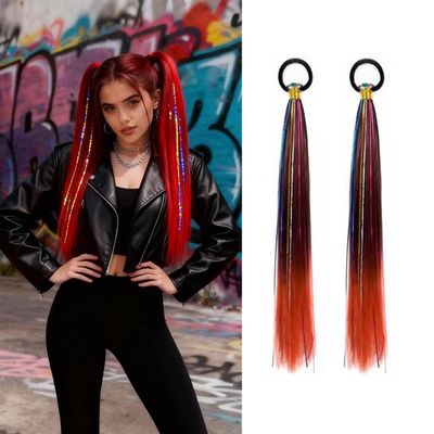GEFFCC 2 Pack Braid Ponytail Extensions, 26 Inch Braided Ponytail Wig with Elastic Tie for Girls (Black/Red#, 26 Inch (Pack of 2))