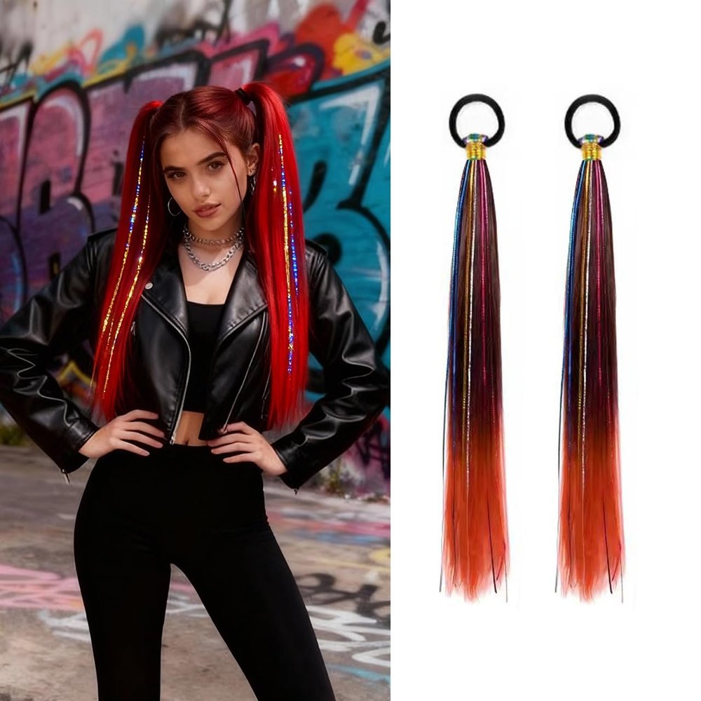 GEFFCC 2 Pack Braid Ponytail Extensions, 26 Inch Braided Ponytail Wig with Elastic Tie for Girls (Black/Red#, 26 Inch (Pack of 2))