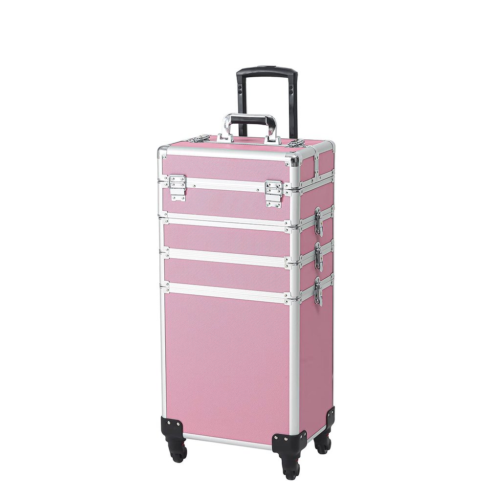4 in 1 Rolling Make Up Train Cases,Aluminum Cosmetic Makeup Case Tattoo Box,Lockable Cosmetic Train Case,Cosmetology Display Suitcase,with 360 Swivel Wheels,for Nail Tech Hairstylist Barber (Pink)