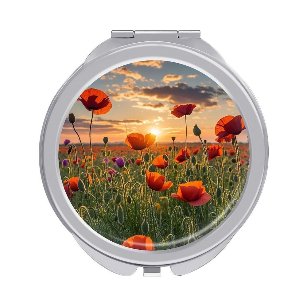 STVNKML Red Poppy Flower Field in Sunset Makeup Mirror, Portable Pocket Mirror with Magnification 1x/2x, Compact Mini Vanity Mirrors for Home, On-The-Go