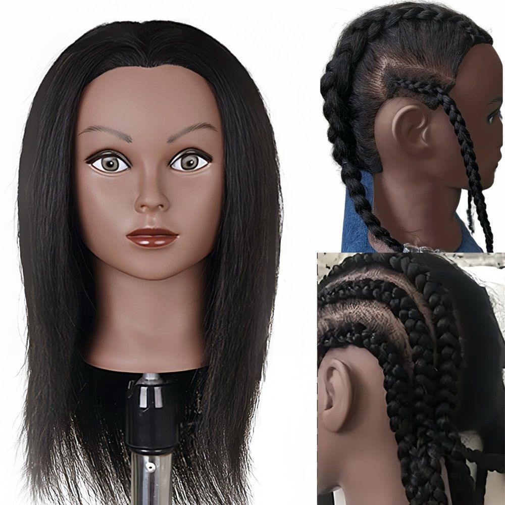 Black Mannequin Head with Hair for Braiding, Cosmetology Mannequin Head with 100% Real Hair 18" Pre Streched Human Braiding Hair Training Head with Stand