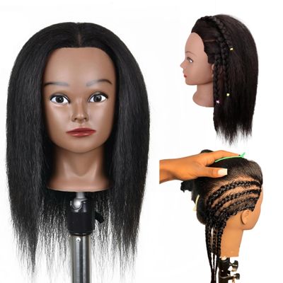 Afro Human Hair Mannequin Head for Braiding, African Cosmetology Mannequin Head for Styling 8 Inches Black Training Head with Stand (Real Hair 16 Inches)