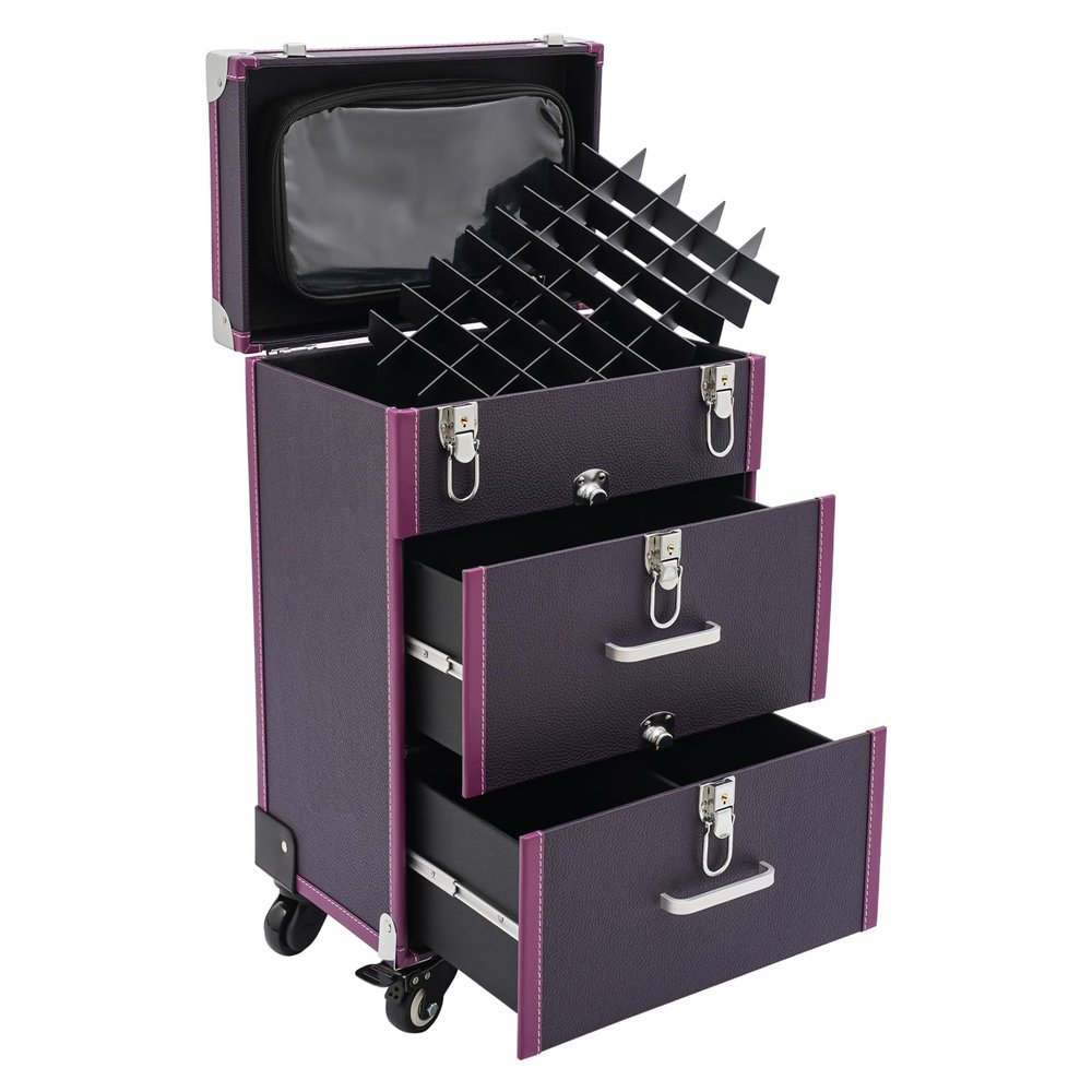 GONGDUN Rolling Makeup Case Large Capacity Cosmetic Case Trolley Hand-held/Hand-pulled Make Up Organizer Box Suitcase Cosmetic Trolley Makeup Suitcase W/Lock & Silent Universal Wheels (Purple Silver)
