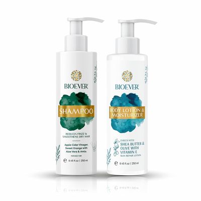 Bio.ever Hair and Skin Care Set, Shampoo with Apple Cider Vinegar and Body Lotion with Shea Butter, 8.45 fl oz Each