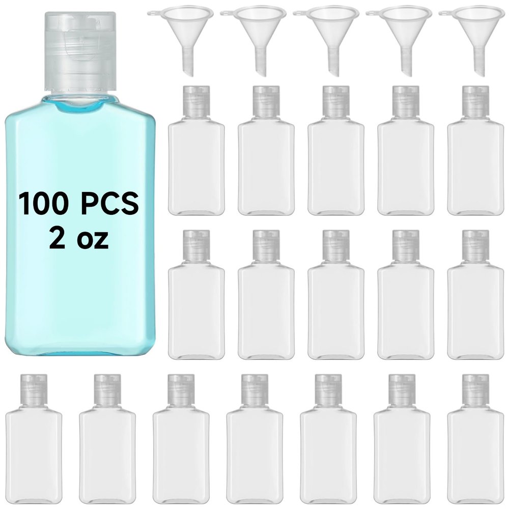 100 Pcs 2 Oz Portable Travel Bottles with Flip Cap, Refillable Squeeze Containers, Clear Cosmetic Bottles with 5 Funnels for Shampoo, Lotion, Face Cream