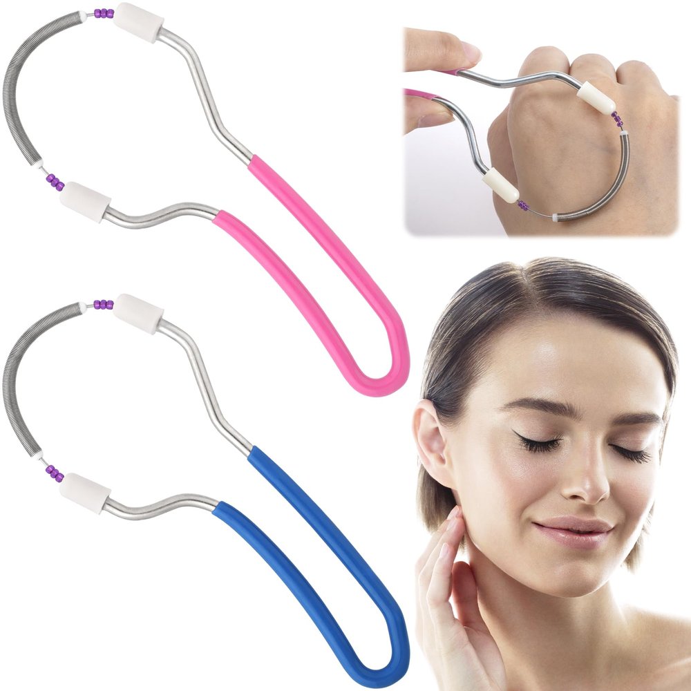 YALOJE 2pcs Manual Facial Hair Remover, Portable Stainless Steel Spring Epilator with Bead, Mild Facial Threading Hair Remover for Women Men - Blue, Pink