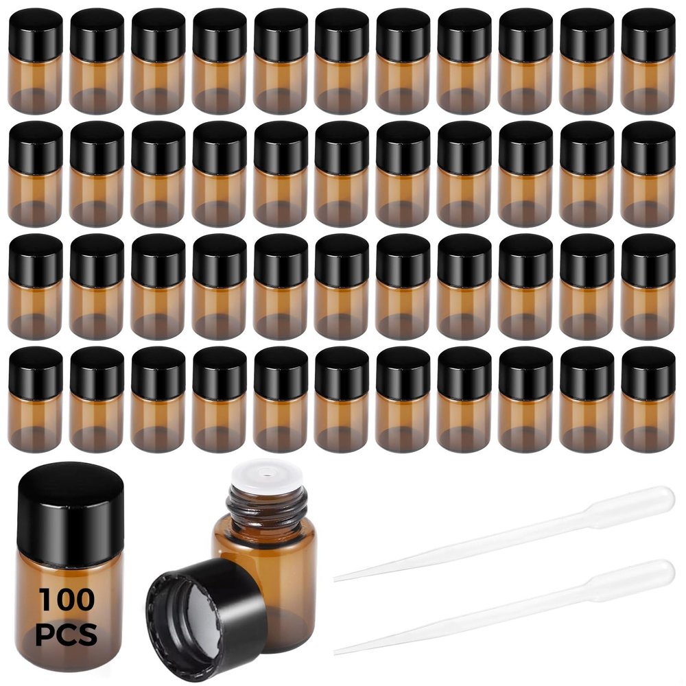100-Pack 2Ml Brown Glass Bottles With Black Screw Caps & 2 Pipettes For Perfume & Liquid Storage