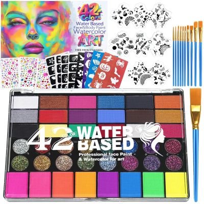 Face Painting Kit for Kids with Book, Stencils, Brushes, Non Toxic Water Activated Face Paint Palette For Halloween, Carnival, Party; Costume Makeup Any Creative Activity with Kids (42color)
