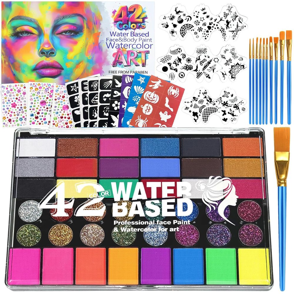 Face Painting Kit for Kids with Book, Stencils, Brushes, Non Toxic Water Activated Face Paint Palette For Halloween, Carnival, Party; Costume Makeup Any Creative Activity with Kids (42color)