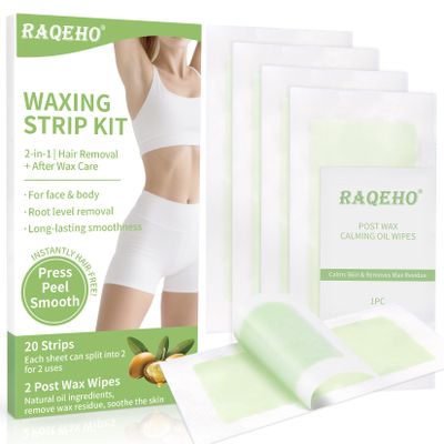 RAQEHO Wax Strips for Hair Removal - At Home Waxing Kit For Women Men Includes 20 Double Sided Large Strips and 2 Post Wax Wipes for Face Body Bikini Lip Arm Leg Armpit Mustache All Skin Hair Remover