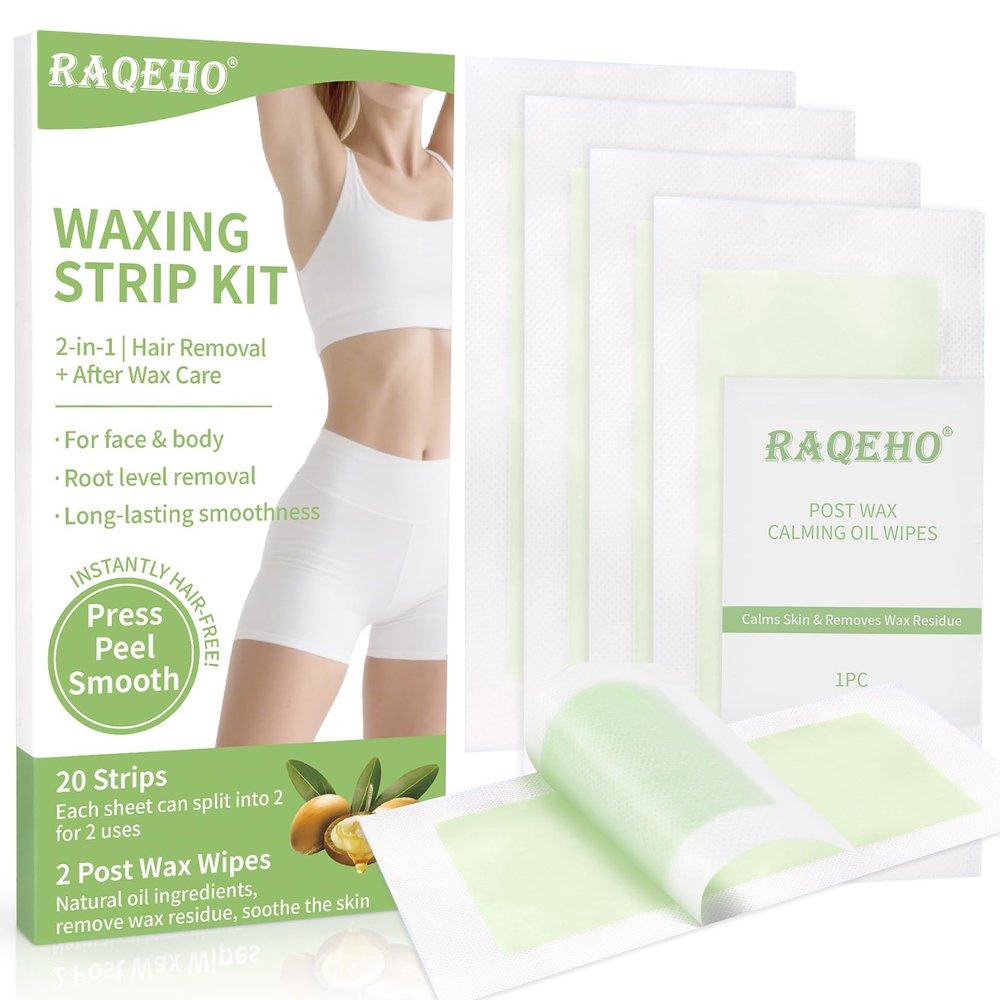 RAQEHO Wax Strips for Hair Removal - At Home Waxing Kit For Women Men Includes 20 Double Sided Large Strips and 2 Post Wax Wipes for Face Body Bikini Lip Arm Leg Armpit Mustache All Skin Hair Remover