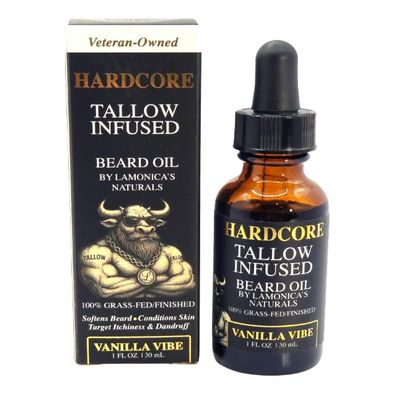 LAMONICA'S NATURALS Beard Oil for Men TALLOW-INFUSED, Softens & Moisturizes Beard Organic Sanadalwood + USDA Vanilla Scent Veteran-Owned Grooming HARDCORE