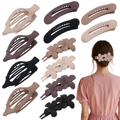 12 Pack Flat Hair Clips Set for Women Matte Neutral Claw Clips, Flat Barrettes & Flower Hair Pins in Black, Blonde,Light Brown & Dark Brown, Strong Hold Styling Accessories for Thick & Thin Hair