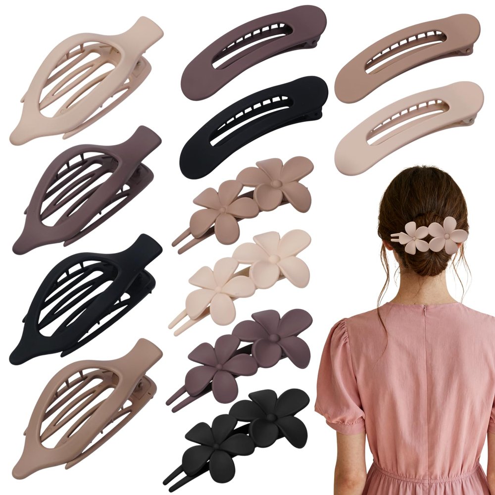 12 Pack Flat Hair Clips Set for Women Matte Neutral Claw Clips, Flat Barrettes & Flower Hair Pins in Black, Blonde,Light Brown & Dark Brown, Strong Hold Styling Accessories for Thick & Thin Hair