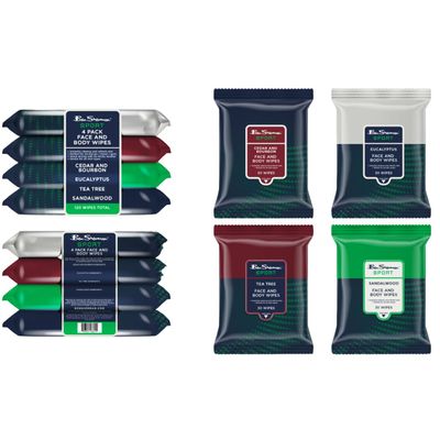 Ben Sherman Mens Face Wipes  4 Pack (120 Total) Cleansing Wipes for Men with Cedar, Bourbon, Eucalyptus, Tea Tree & Sandalwood