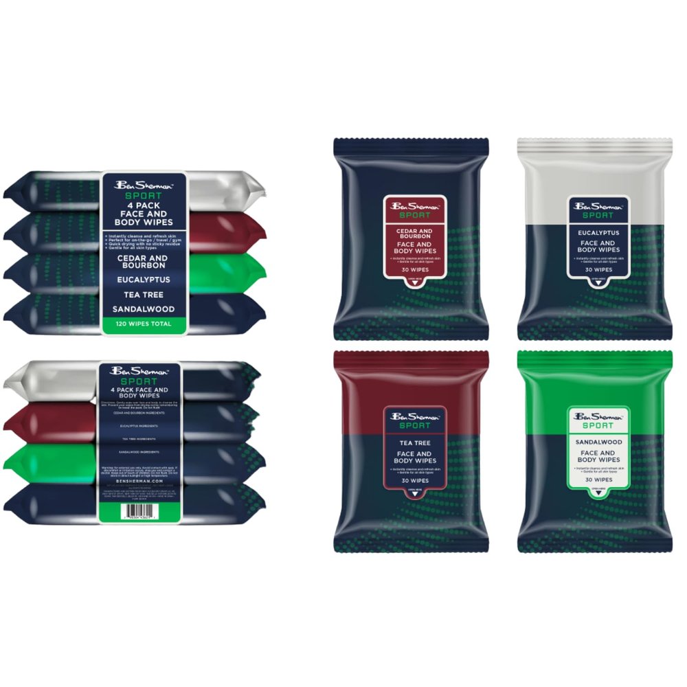 Ben Sherman Mens Face Wipes  4 Pack (120 Total) Cleansing Wipes for Men with Cedar, Bourbon, Eucalyptus, Tea Tree & Sandalwood