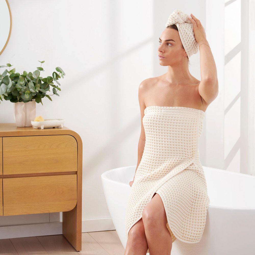 DKNY Pure Waffle Hair Towel Wrap for Women & Spa Body Wrap Towel, 2-Piece Set, 100% Cotton Quick Dry Towels, Absorbent, Super Soft, Natural