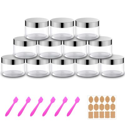 12 Pack 4 oz Plastic Cosmetic Containers With Silver Lids Refillable Clear Empty Travle Jars Containers for Body Butter,Sugar Scrubs,Cream,Lotions,Candy, Label&Spatulas