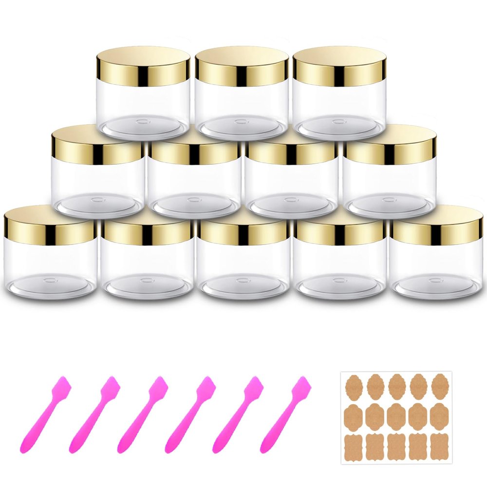 12 Pack 6 oz Plastic Cosmetic Containers With Gold Lids Refillable Clear Empty Travle Jars Containers for Body Butter,Sugar Scrubs,Cream,Lotions,Candy, Label&Spatulas
