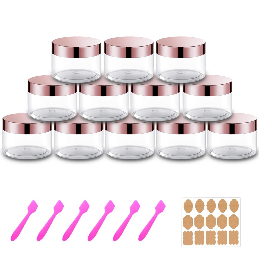 12 Pack 4 oz Plastic Cosmetic Containers With Rose Gold Lids Refillable Clear Empty Travle Jars Containers for Body Butter,Sugar Scrubs,Cream,Lotions,Candy, Label&Spatulas