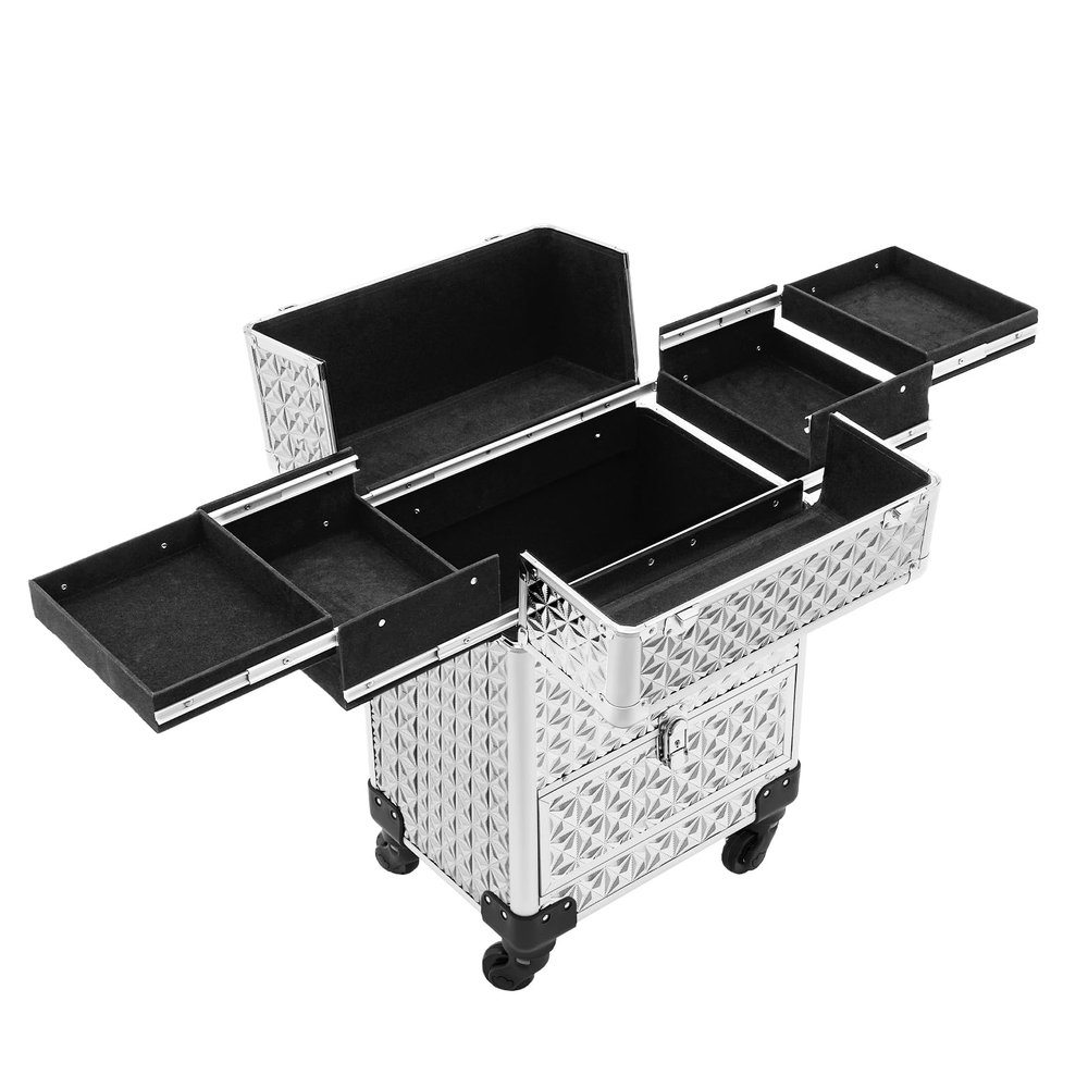 PERFERATE Professional Rolling Makeup Train Case 3 in 1 Aluminum Makeup Travel Organizer Cosmetic Case Large Cosmetic Trolley with Locks Nail Tech Makeup Organizers Storage Cart (Sliver)
