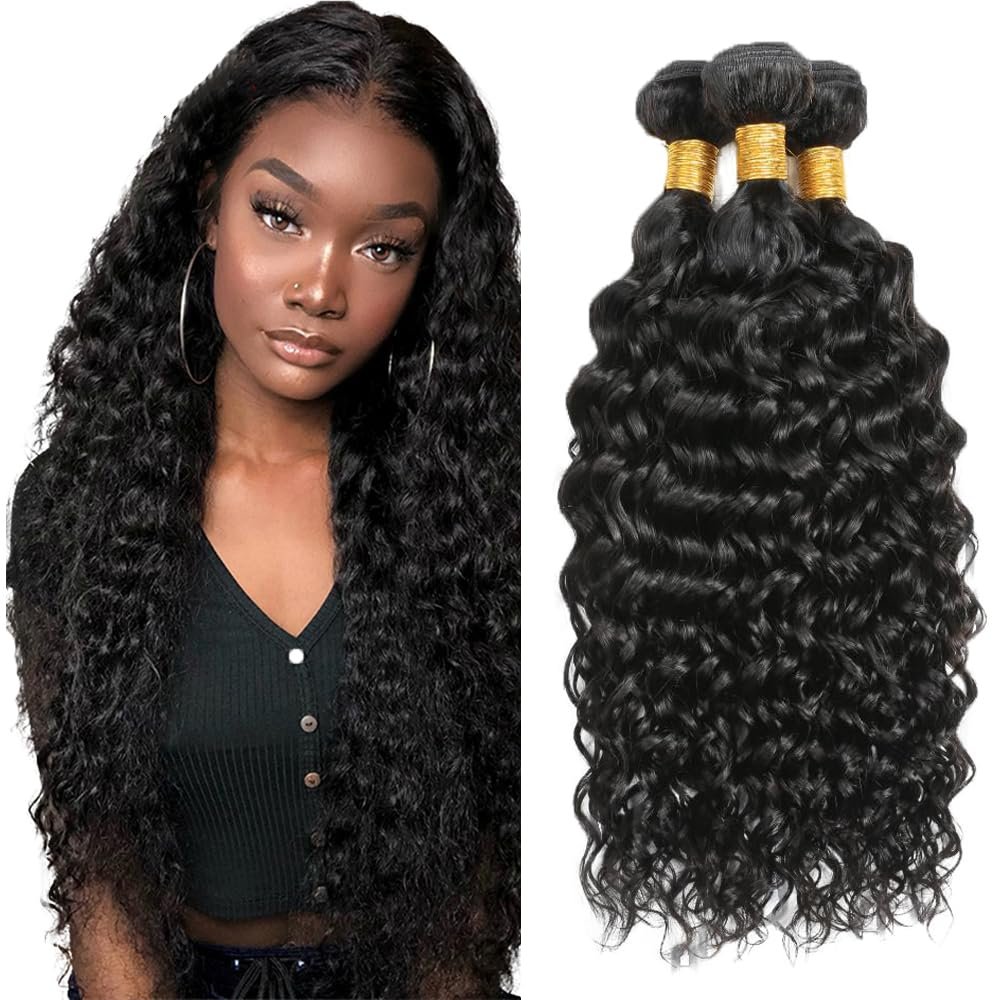 12 12 12 Inch #1B Nature Black Bundles Human Hair Water Wave 3 Bundles 100 Grams/Bundle 10A Grade Unprocessed Brazilian Virgin Hairs Water Wave Bundles Weaves Hair Extensions For Women