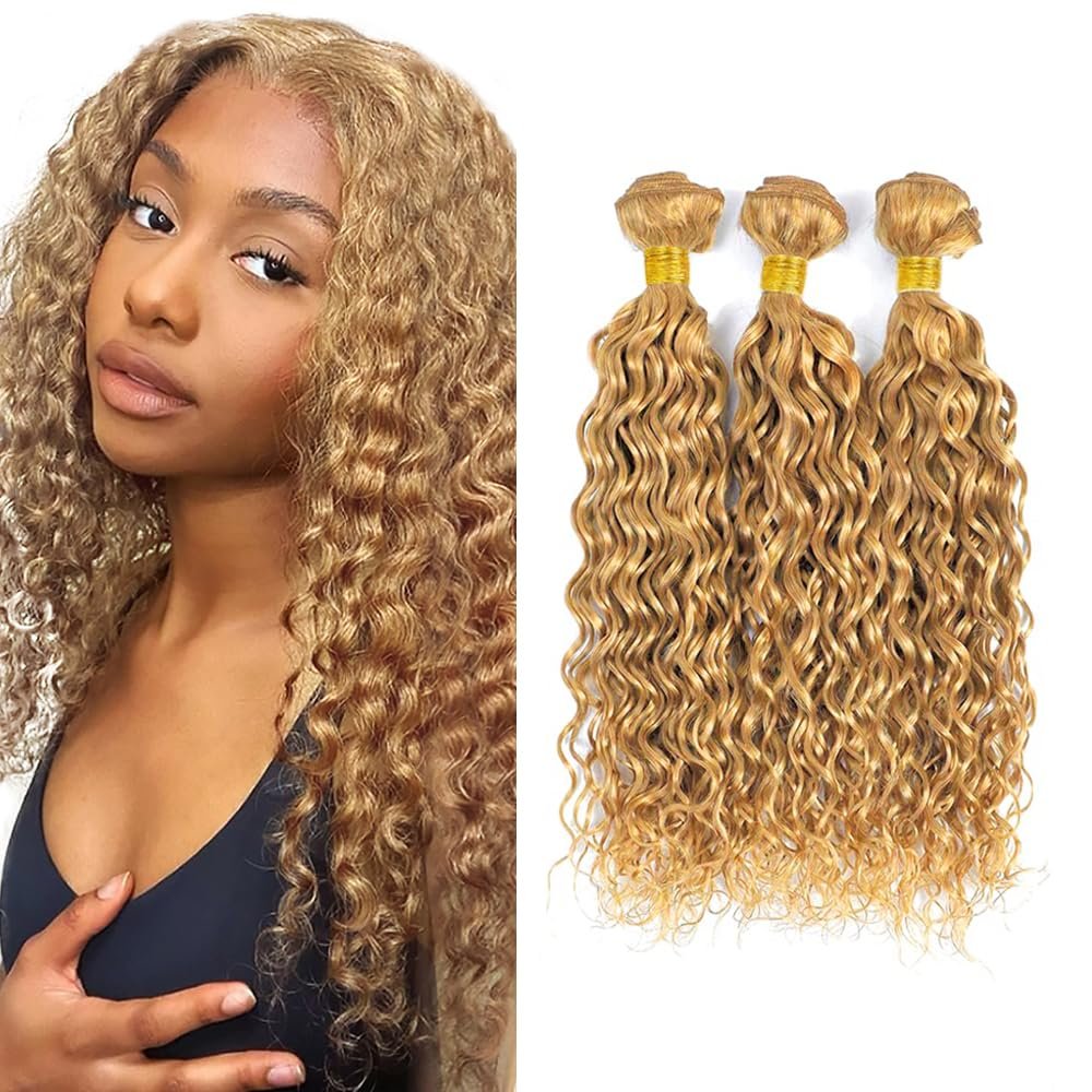 24 26 28 Inch #27 Blonde Bundles Human Hair Water Wave 3 Bundles 100 Grams/Bundle 10A Grade Unprocessed Brazilian Virgin Hairs Honey Blonde Bundle Weaves Hair Extensions For Women