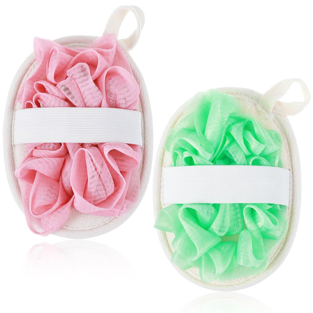 2Pcs Loofah Exfoliating, 2 in 1 Natural Green Pink Loofah for Women Reusable & Washable Loofa, Ideal for Body Scrubbing Gentle Exfoliation for Women & Men Shower Bath