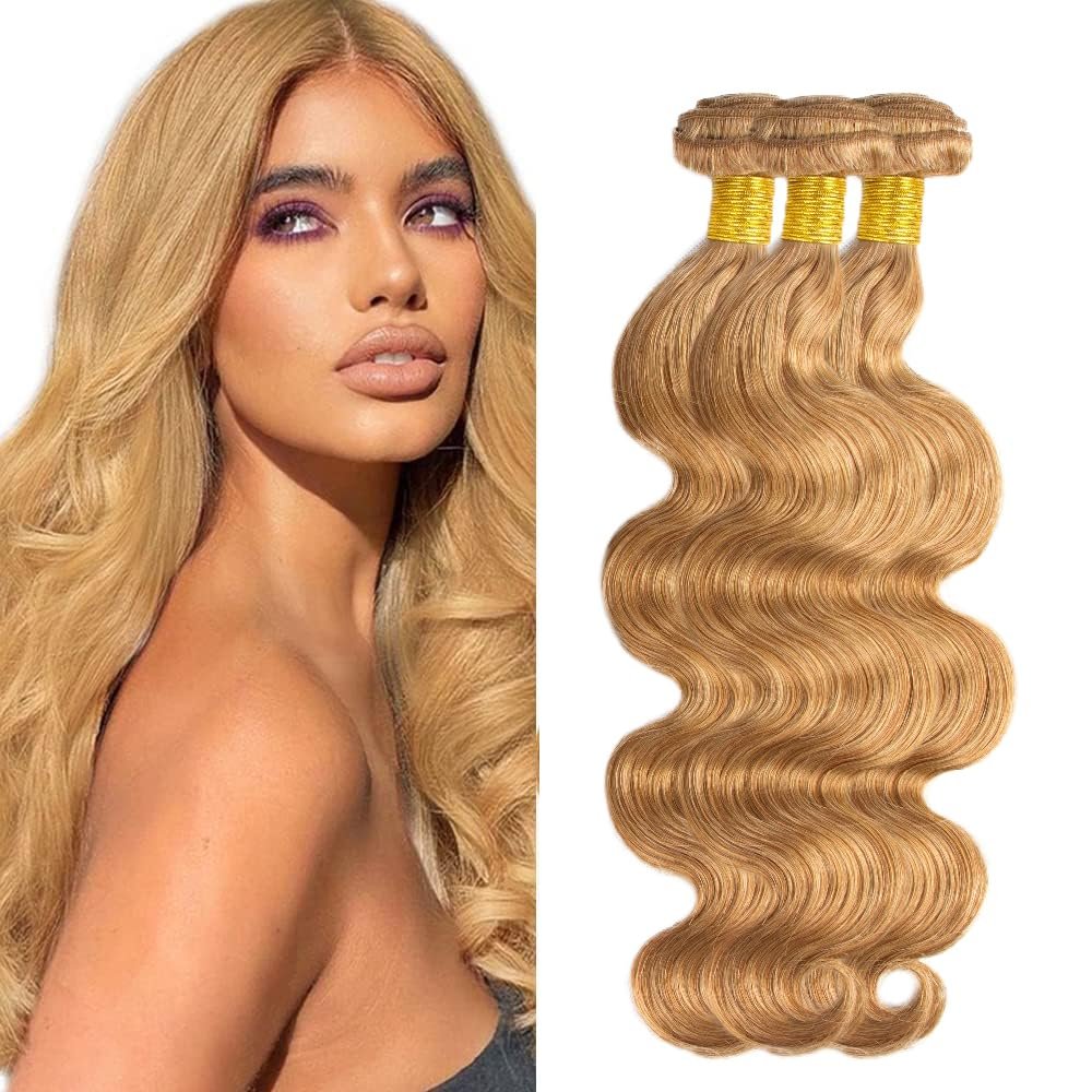 10 12 14 Inch #27 Blonde Bundles Human Hair Body Wave 3 Bundles 100 Grams/Bundle 10A Grade Unprocessed Brazilian Virgin Hairs Honey Blonde Bundle Weaves Hair Extensions For Women
