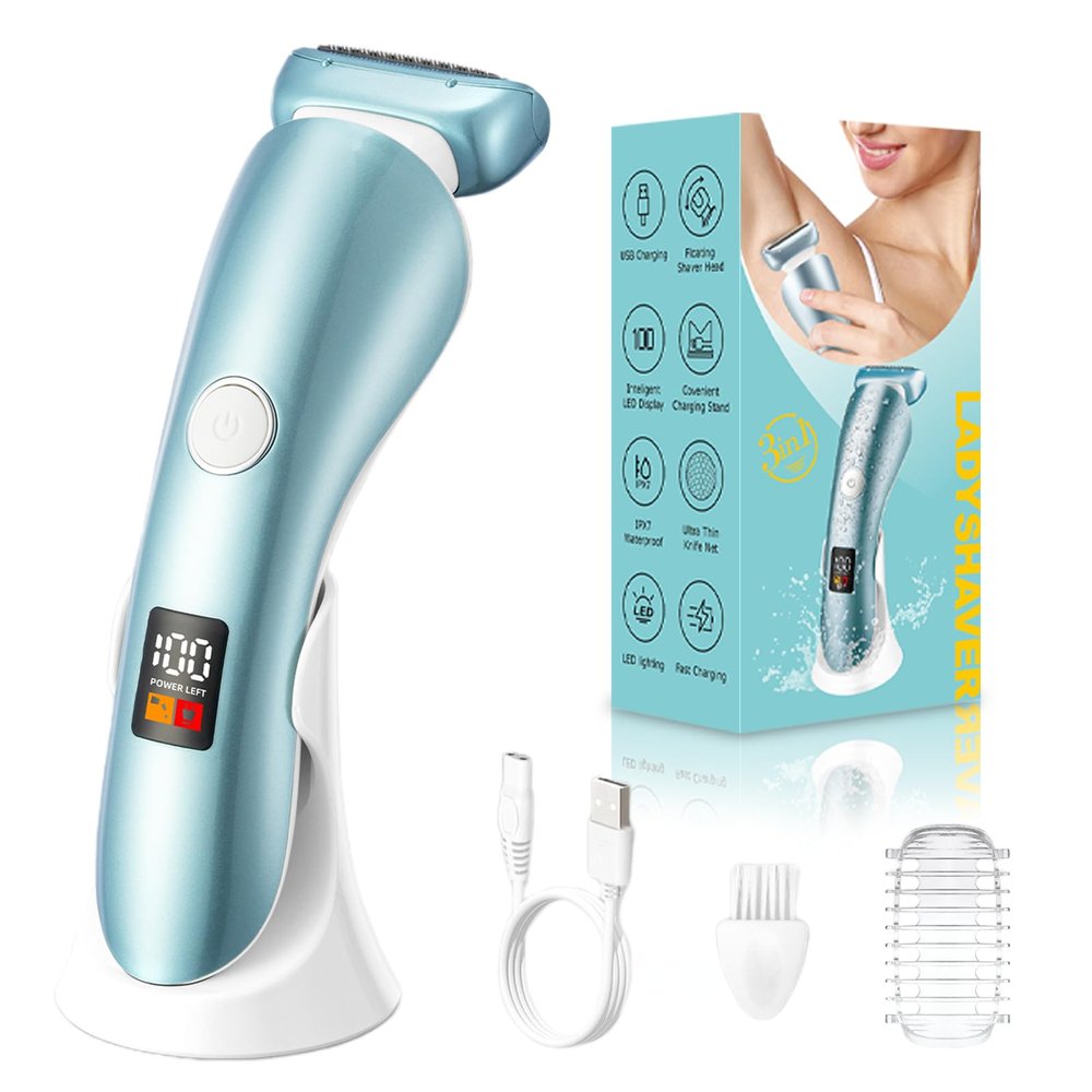 Electric Razors for Women, Bikini Trimmer Wet & Dry Use, Painless Pubic Hair Trimmer, Rechargeable Electric Shaver for Legs, Face, Pubic Hair, Underarms with Detachable Head, Blue